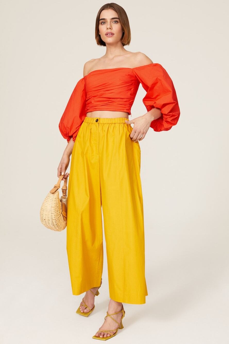 Tanya Taylor Alondra Orange Off Shoulder Puff Sleeve Crop Top Size 8 - Picture 1 of 13
